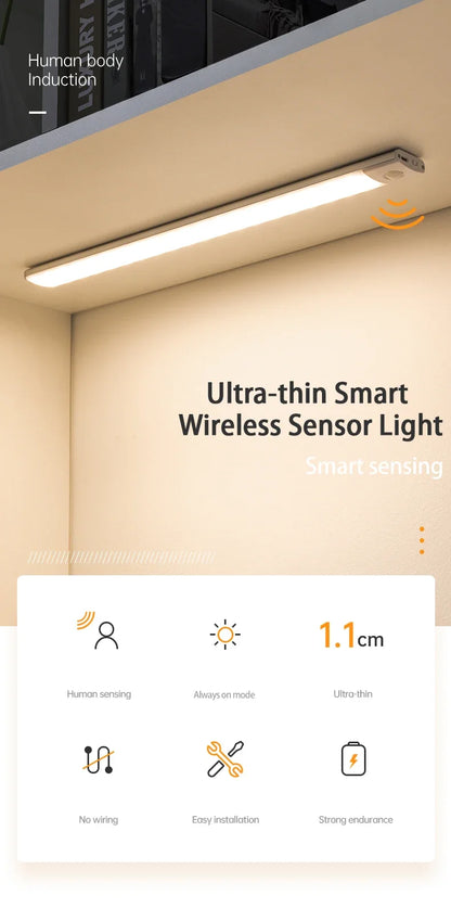 Luz com Sensor de Movimento, LED Recarregável via USB para Cozinha e Guarda-roupa